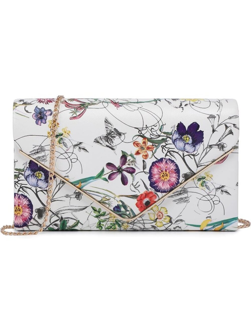 Women's Floral Faux Suede Clutch Purse Golden Chain Strap Evening Shoulder Bags